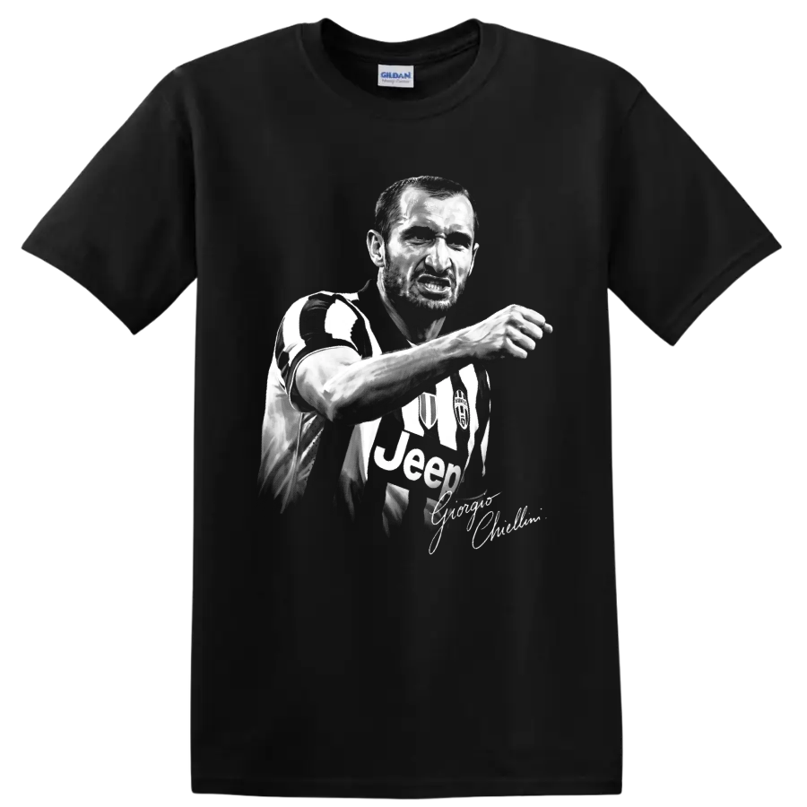 Giorgio Chiellini black-and-white Juventus defender portrait with signature-style script on a Black T Shirt