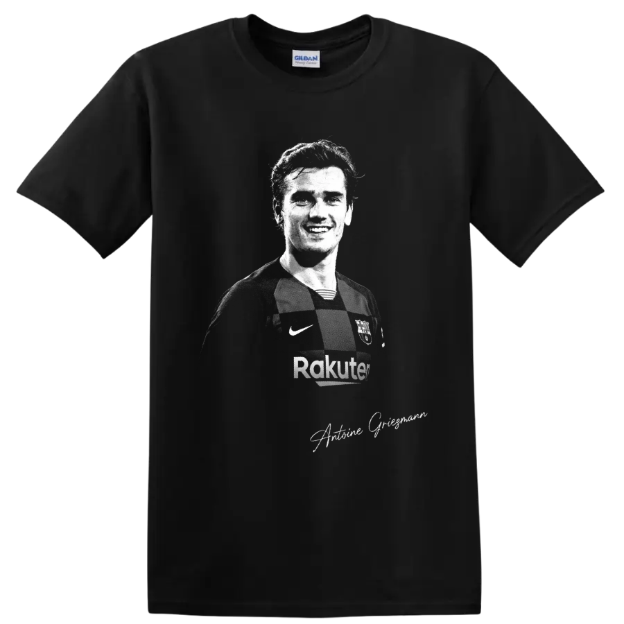 Antoine Griezmann monochrome soccer portrait in Barcelona jersey with signature script on a Black T Shirt