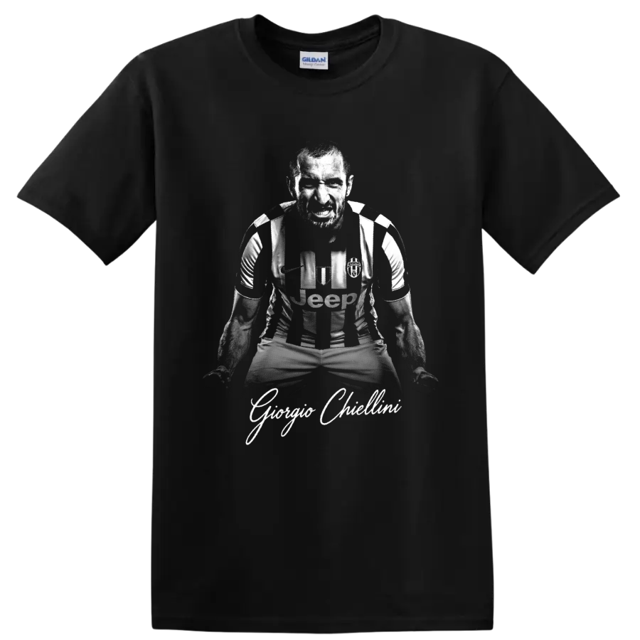 Giorgio Chiellini fierce monochrome Juventus defender portrait with signature-style text on a Black T Shirt