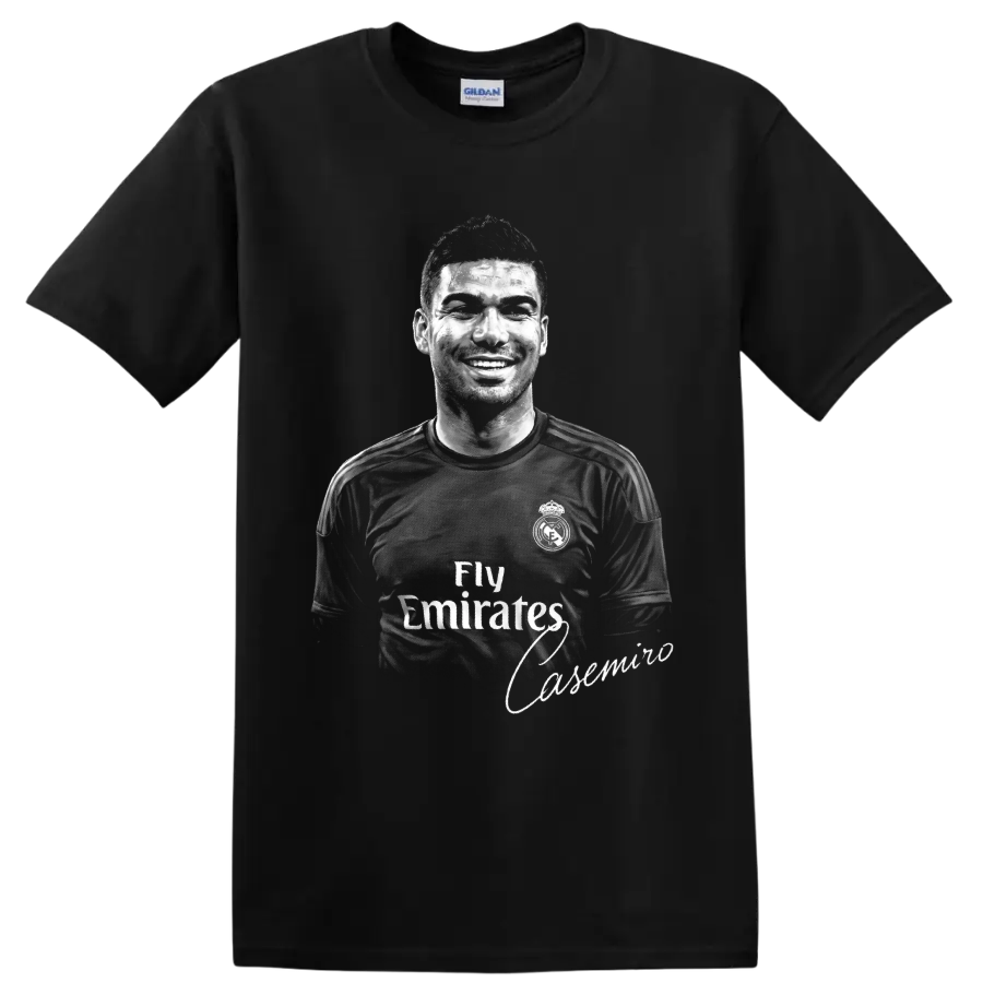 Monochrome Casemiro soccer player portrait with signature-style name accent on a Black T Shirt