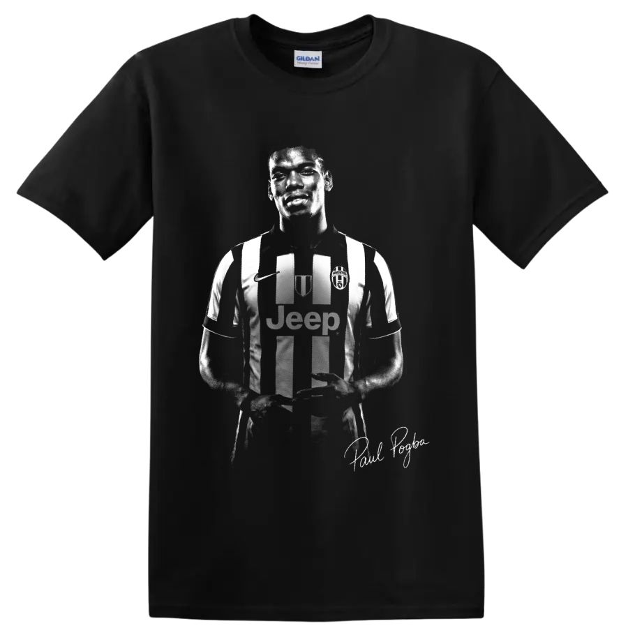 Paul Pogba Juventus striped jersey portrait in dramatic monochrome graphic style on a Black T Shirt