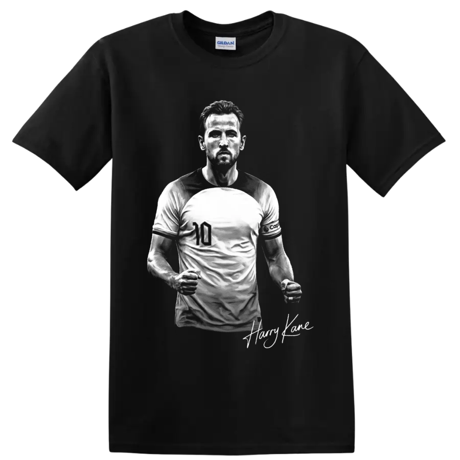 Harry Kane England soccer player portrait with number 10 jersey and signature detail on a Black T Shirt