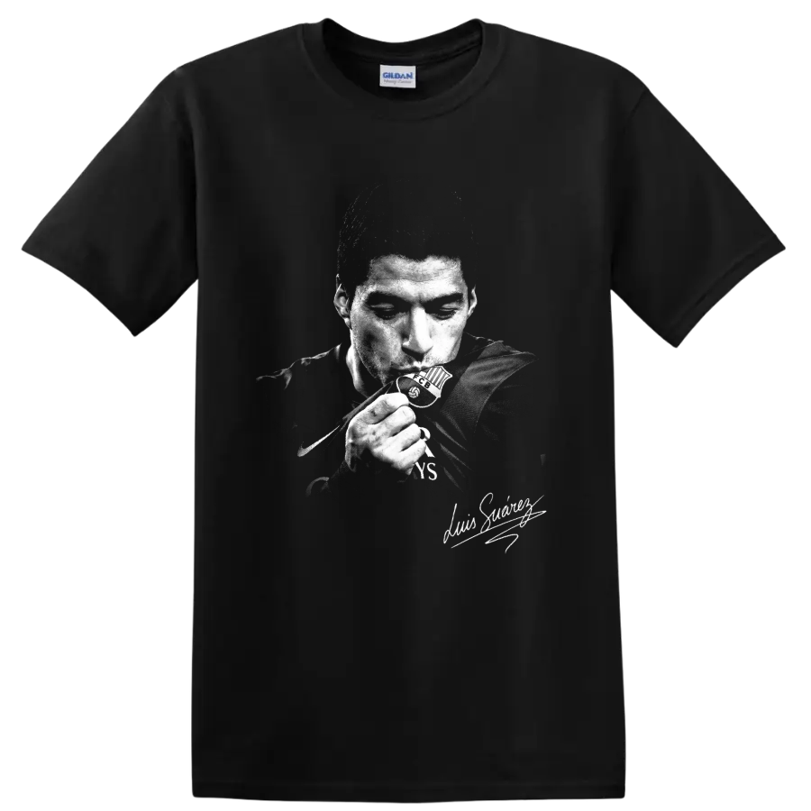 Luis Suárez distressed black-and-white soccer portrait with signature-style detail on a Black T Shirt