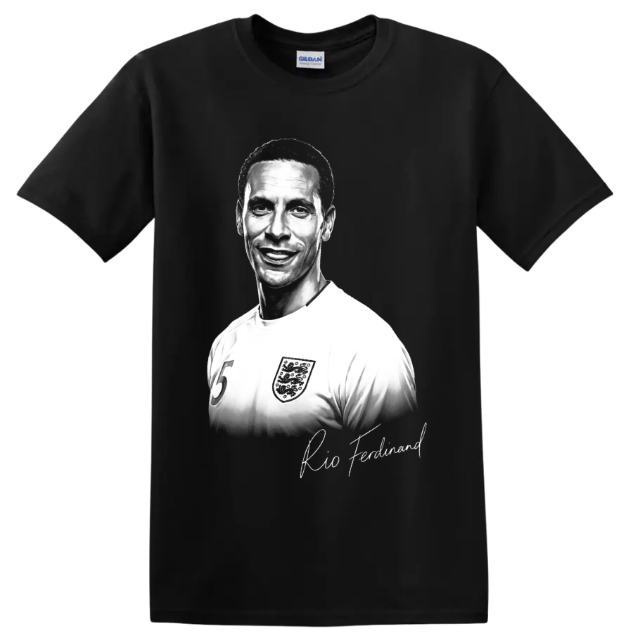 Rio Ferdinand England soccer number 5 portrait with signature-style lettering on a Black T Shirt