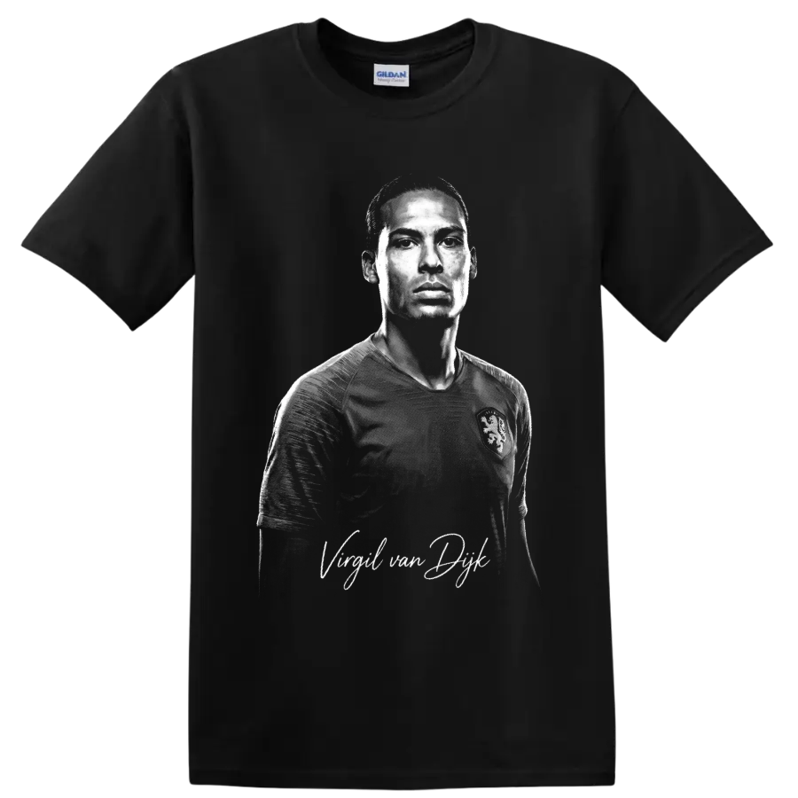 Monochrome illustrated portrait of Virgil van Dijk in a Netherlands soccer jersey on a Black T Shirt