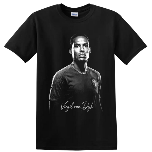 Monochrome illustrated portrait of Virgil van Dijk in a Netherlands soccer jersey on a Black T Shirt