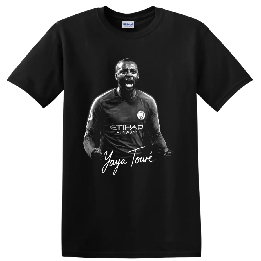 Yaya Touré Manchester City soccer portrait with signature-style lettering on a Black T Shirt