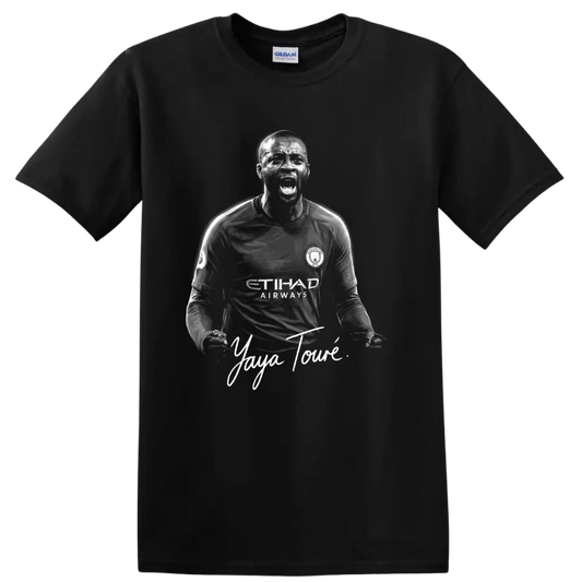 Yaya Touré Manchester City soccer portrait with signature-style lettering on a Black T Shirt