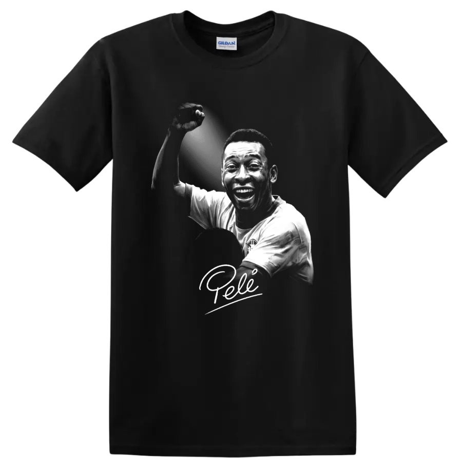 Pelé black-and-white soccer portrait with raised fist and signature-style script on a Black T Shirt