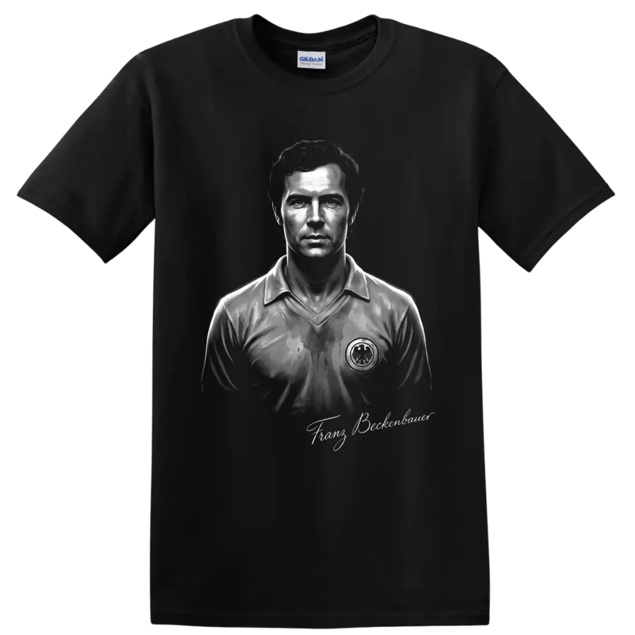 Monochrome Franz Beckenbauer soccer portrait with signature-style lettering on a Black T Shirt