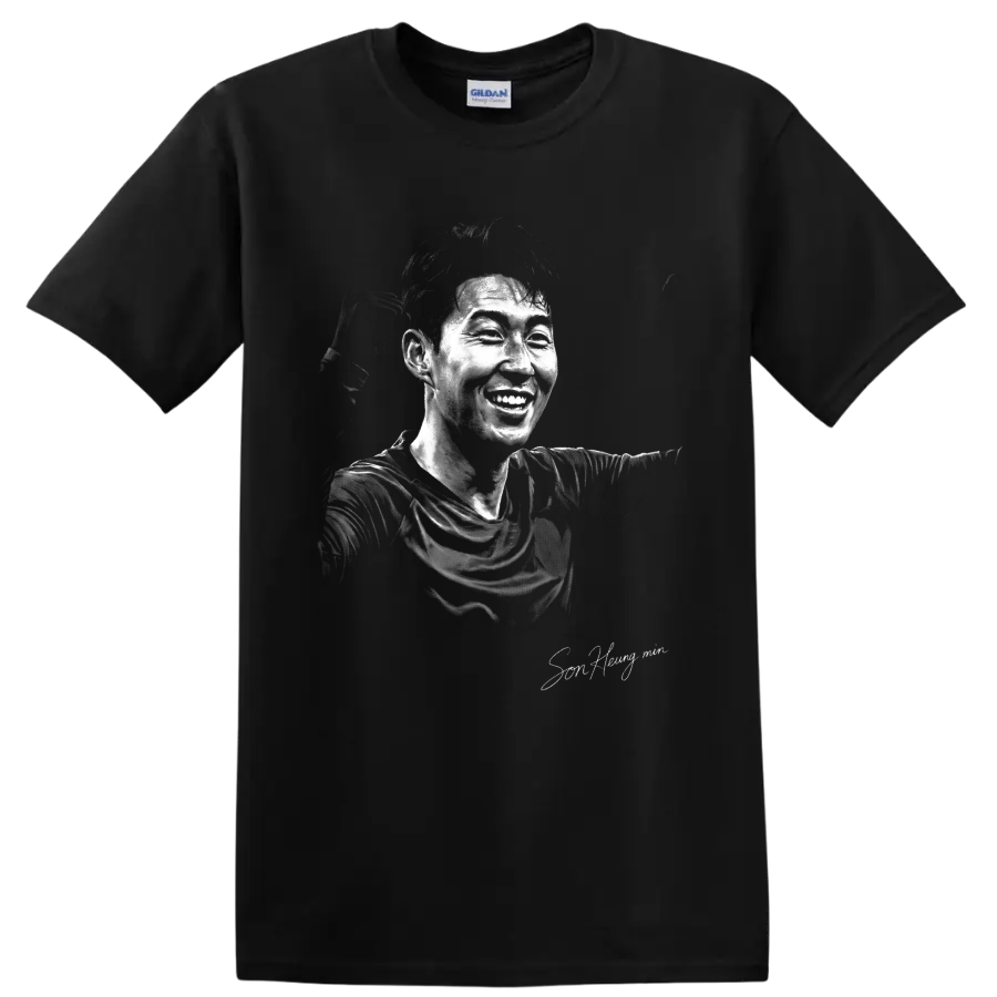 Son Heung-min smiling soccer portrait in high-contrast black-and-white illustration on a Black T Shirt