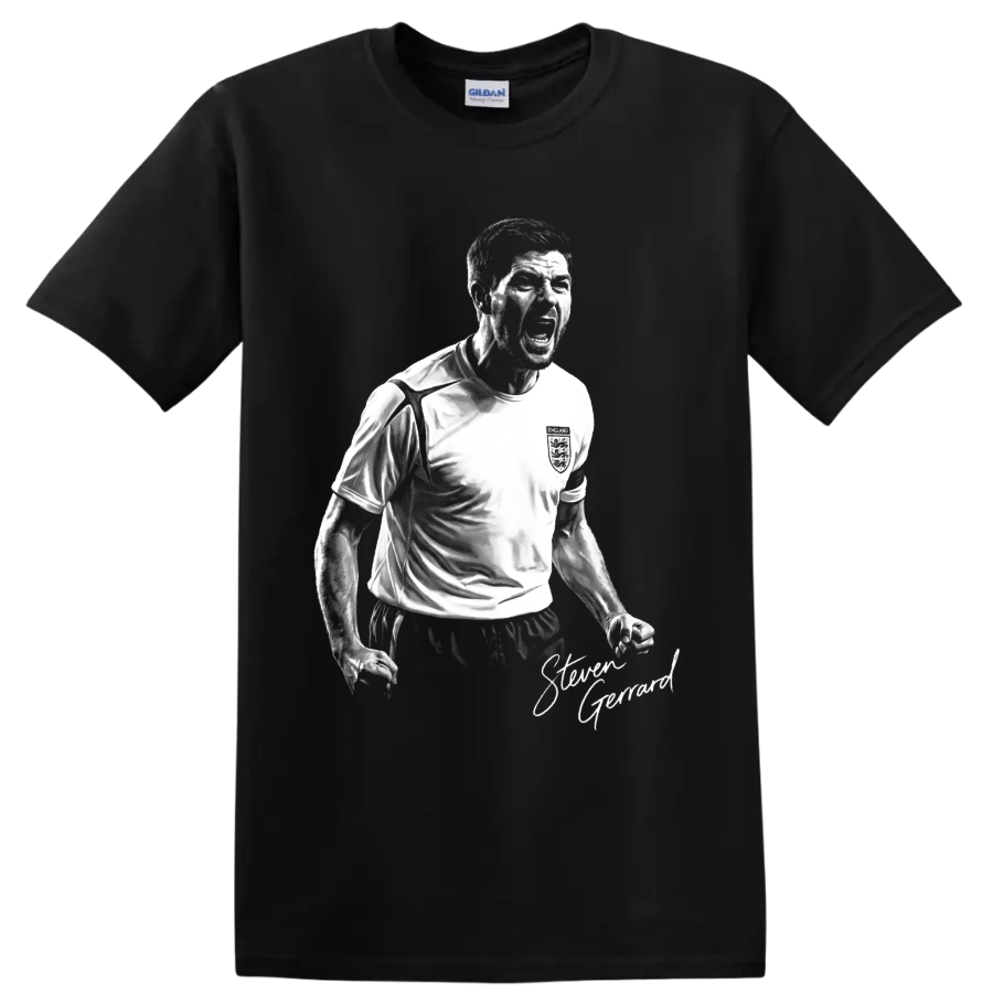 Steven Gerrard England soccer captain black-and-white celebration portrait with signature on a Black T Shirt