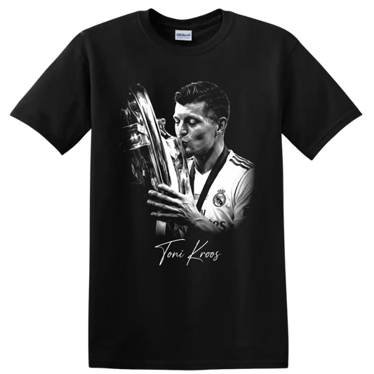 Toni Kroos Real Madrid trophy portrait in detailed monochrome soccer graphic style on a Black T Shirt