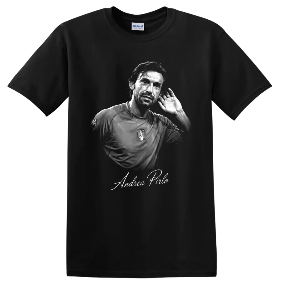 Andrea Pirlo Italy soccer portrait with raised-hand gesture and signature lettering on a Black T Shirt