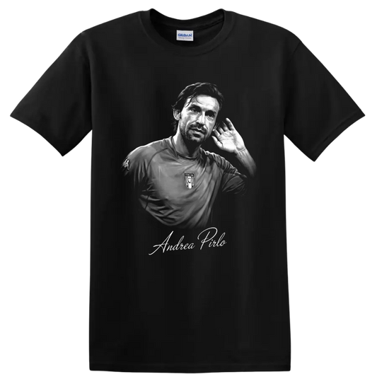 Andrea Pirlo Italy soccer portrait with raised-hand gesture and signature lettering on a Black T Shirt