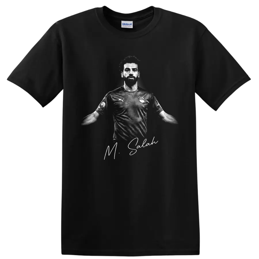 Mohamed Salah grayscale soccer portrait with signature-style lettering on a Black T Shirt