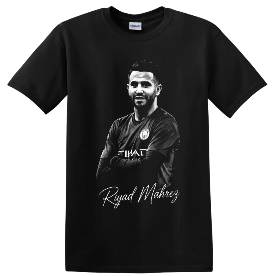 Riyad Mahrez monochrome soccer portrait with signature-style name lettering on a Black T Shirt