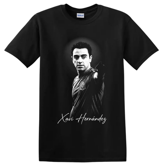 Xavi Hernández grayscale Spain soccer portrait with signature-style script on a Black T Shirt