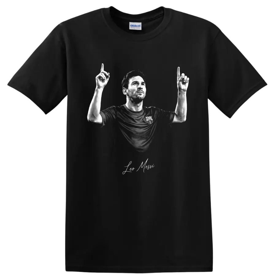 Lionel Messi monochrome soccer portrait with raised hands and signature-style lettering on a Black T Shirt