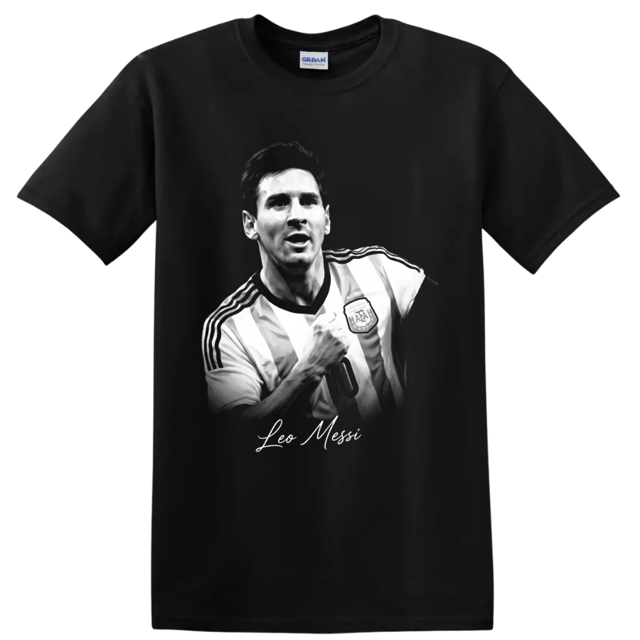 Lionel Messi Argentina soccer portrait with raised fist and signature-style name on a Black T Shirt