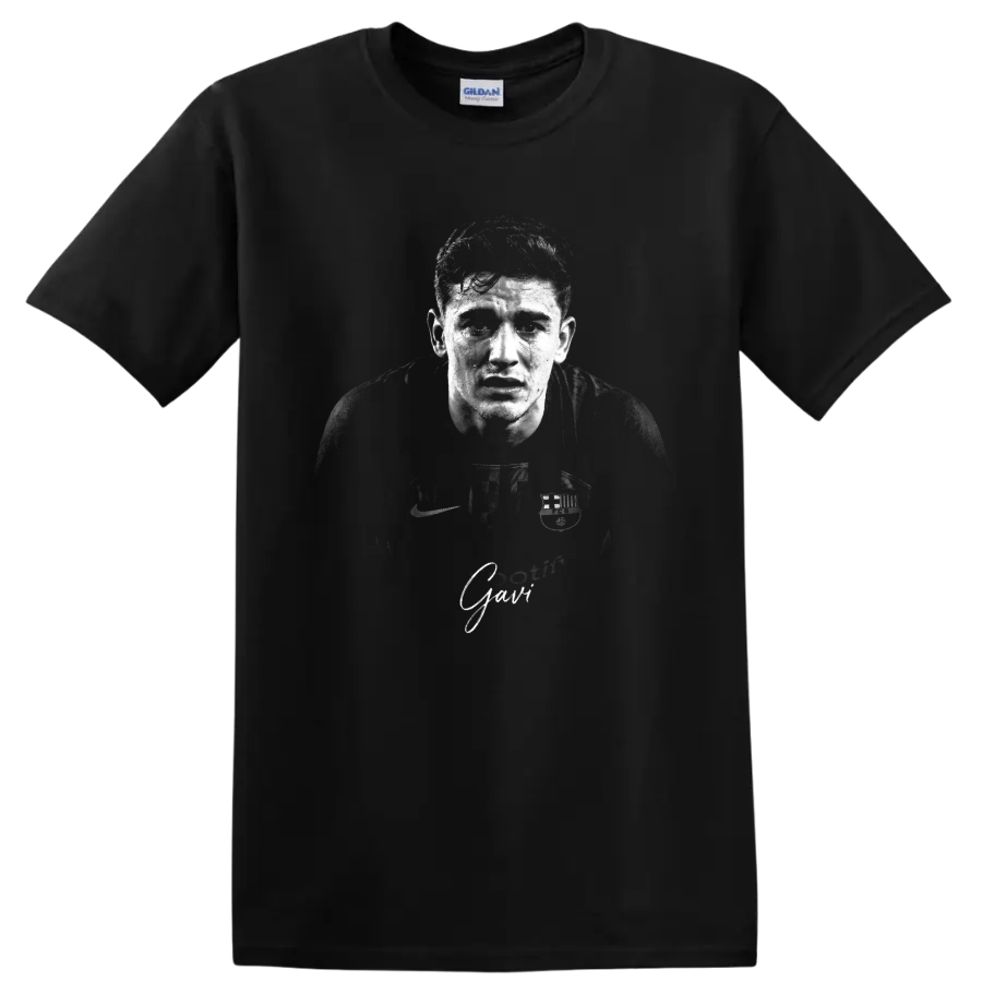 Pablo Gavi FC Barcelona black-and-white distressed soccer portrait with signature text on a Black T Shirt