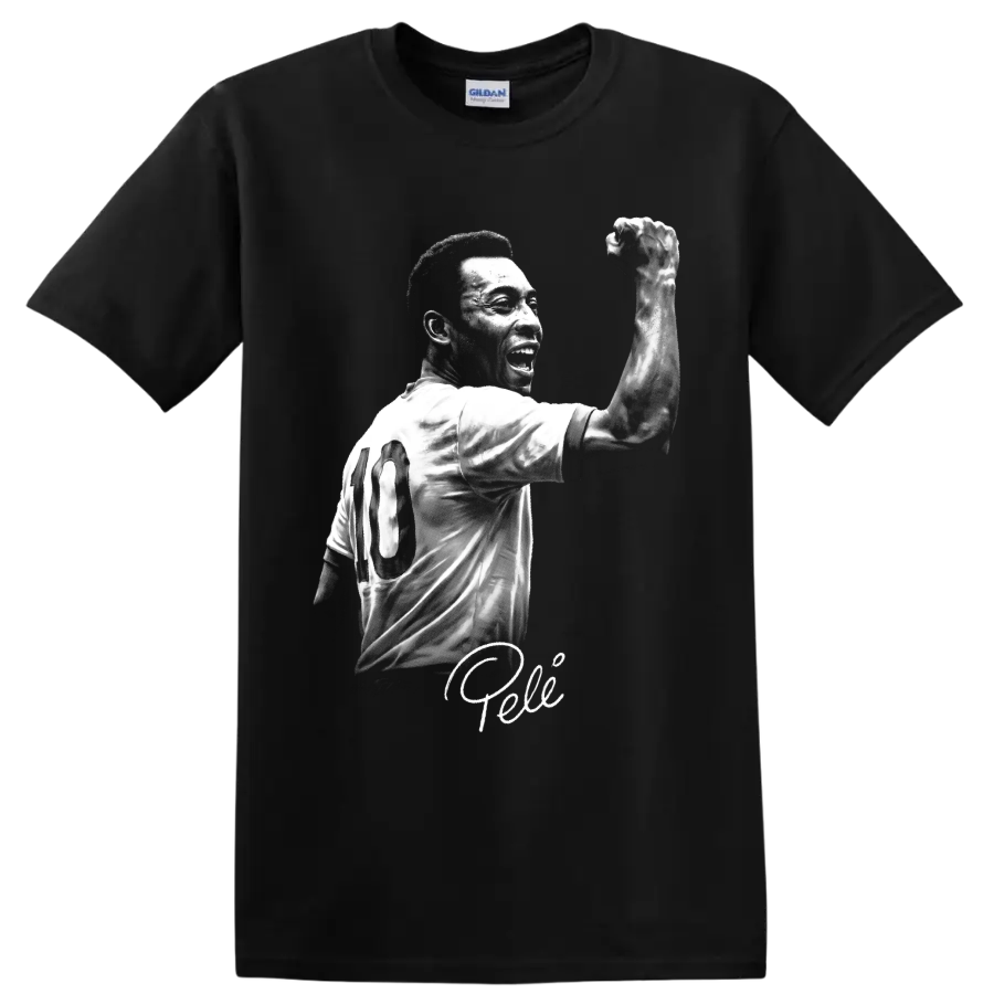 Black-and-white Pelé number 10 soccer portrait with raised fist and signature on a Black T Shirt