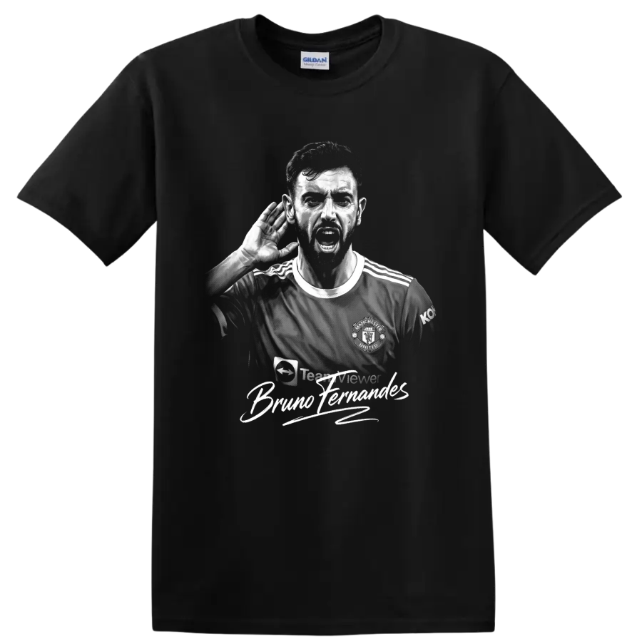 Bruno Fernandes monochrome soccer portrait with hand-to-ear pose and signature lettering on a Black T Shirt