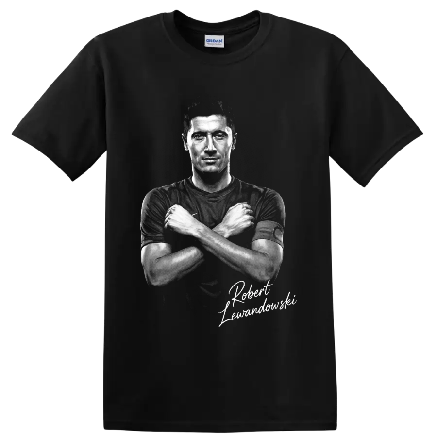Robert Lewandowski crossed-arms grayscale soccer portrait with script signature on a Black T Shirt