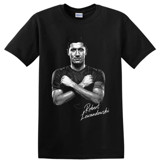 Robert Lewandowski crossed-arms grayscale soccer portrait with script signature on a Black T Shirt