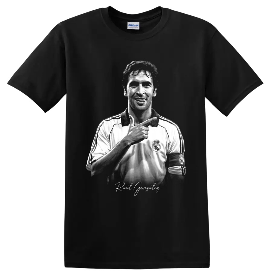 Raúl González grayscale Real Madrid captain portrait with signature-style lettering on a Black T Shirt