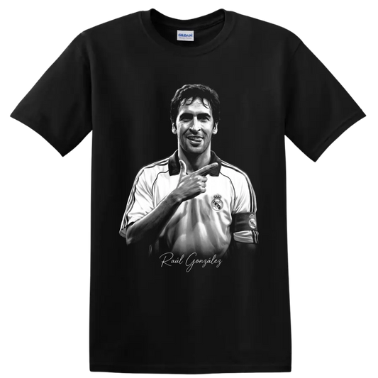 Raúl González grayscale Real Madrid captain portrait with signature-style lettering on a Black T Shirt