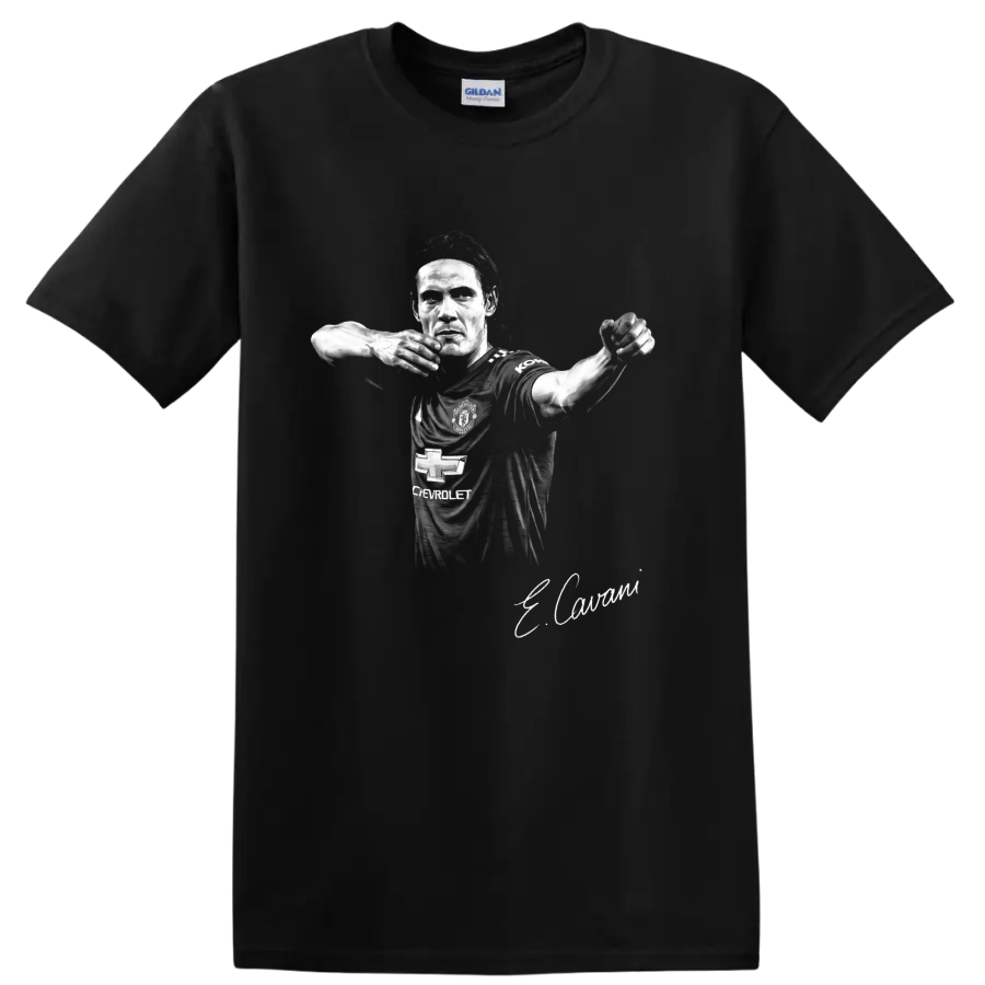 Edinson Cavani Manchester United soccer portrait in black-and-white illustrated style on a Black T Shirt