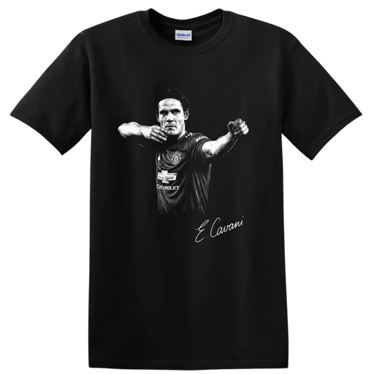 Edinson Cavani Manchester United soccer portrait in black-and-white illustrated style on a Black T Shirt