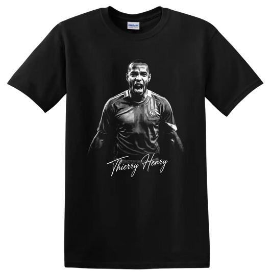 Thierry Henry France soccer celebration portrait with signature-style lettering on a Black T Shirt