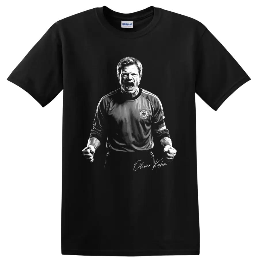 Oliver Kahn roaring goalkeeper portrait in dramatic black-and-white illustration on a Black T Shirt