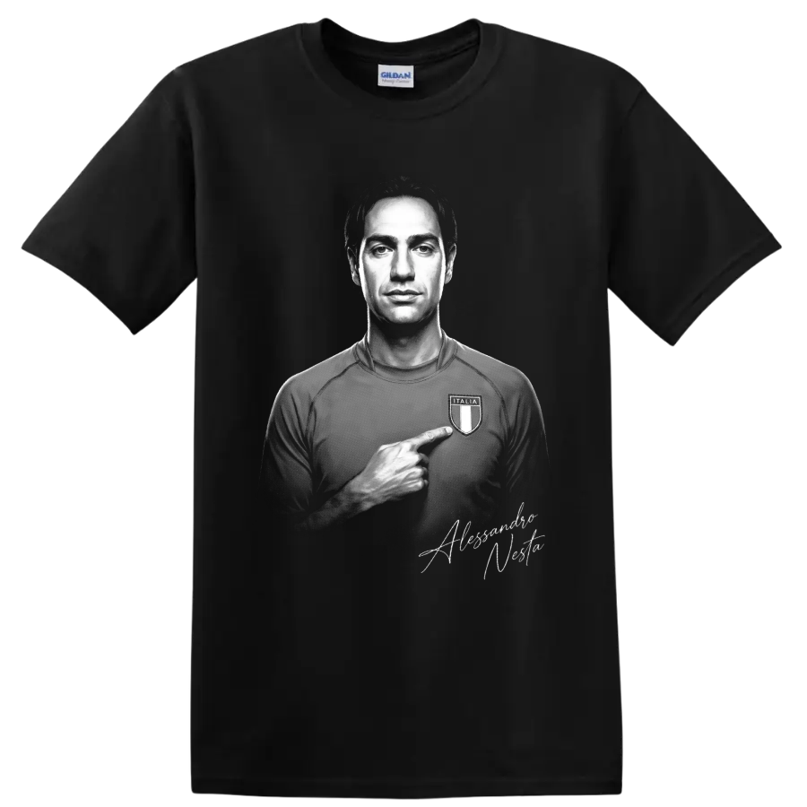 Alessandro Nesta monochrome Italy soccer portrait pointing to an Italia crest on a Black T Shirt