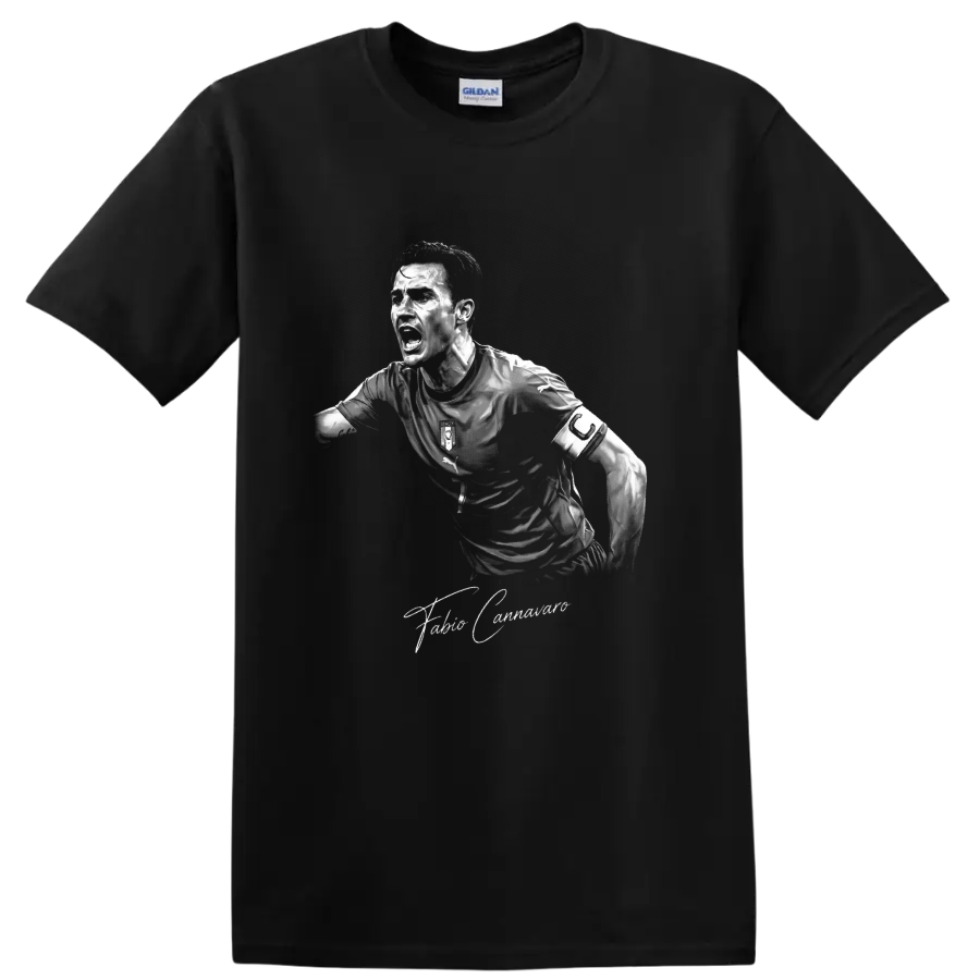Fabio Cannavaro monochrome Italy soccer captain portrait with signature text on a Black T Shirt