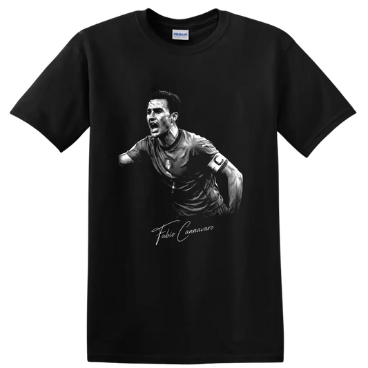 Fabio Cannavaro monochrome Italy soccer captain portrait with signature text on a Black T Shirt