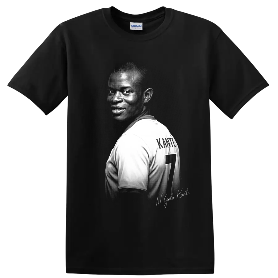 N'Golo Kanté soccer midfielder portrait with number 7 jersey in monochrome graphic art on a Black T Shirt