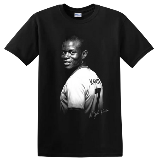 N'Golo Kanté soccer midfielder portrait with number 7 jersey in monochrome graphic art on a Black T Shirt