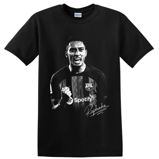 Raphinha Barcelona soccer celebration portrait in gritty monochrome with signature-style on a Black T Shirt