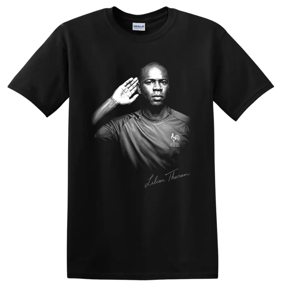 Lilian Thuram France defender monochrome portrait with raised-hand listening gesture on a Black T Shirt