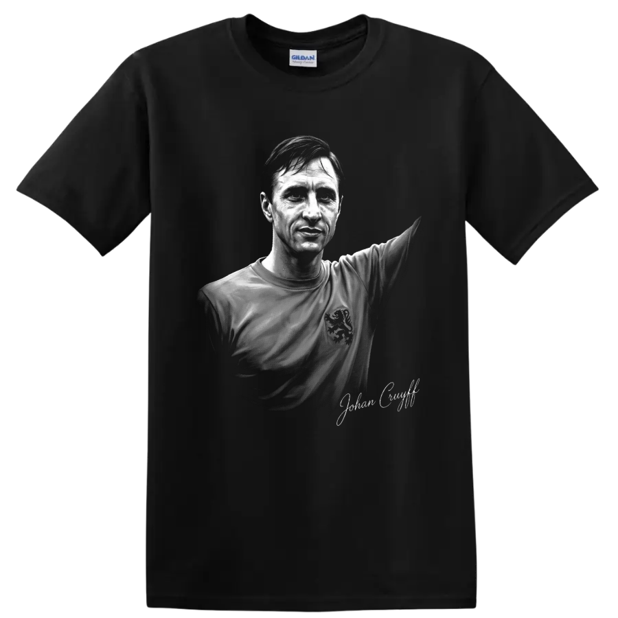 Johan Cruyff monochrome soccer portrait with raised arm and signature-style text on a Black T Shirt
