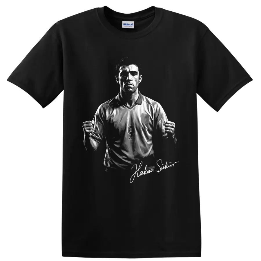 Hakan Şükür soccer striker portrait with number 9 jersey and signature-style text on a Black T Shirt