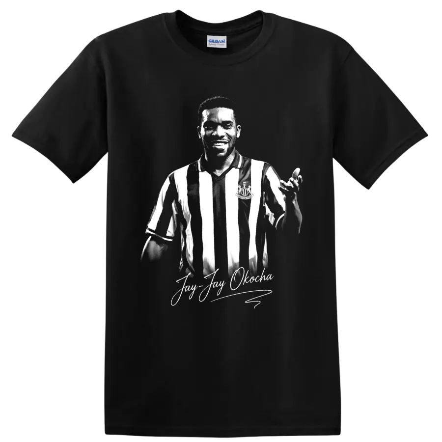 Jay-Jay Okocha monochrome soccer portrait with striped jersey and signature script on a Black T Shirt