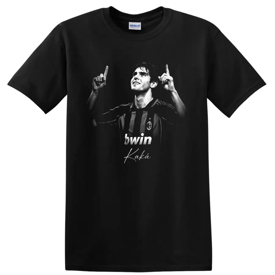 Kaká AC Milan monochrome portrait with raised hands and signature-style script on a Black T Shirt