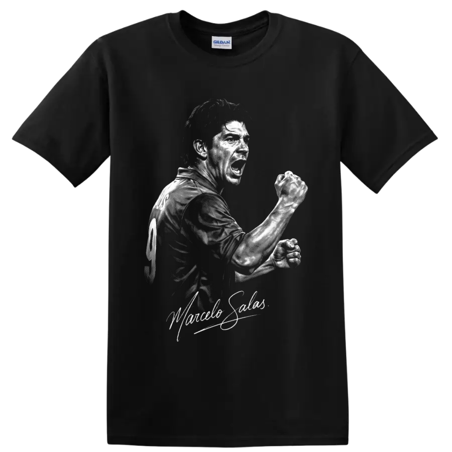 Marcelo Salas monochrome soccer striker portrait with clenched-fist celebration on a Black T Shirt