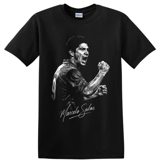 Marcelo Salas monochrome soccer striker portrait with clenched-fist celebration on a Black T Shirt