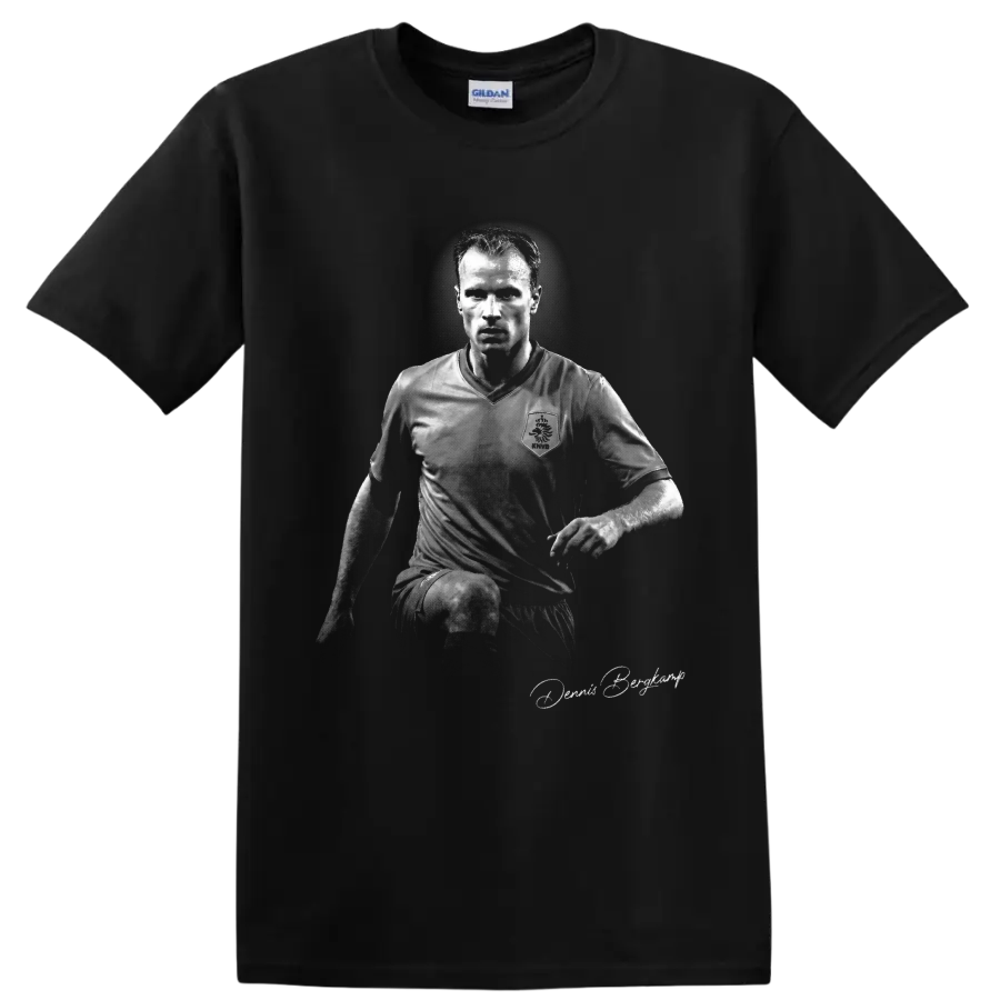 Dennis Bergkamp monochrome Netherlands soccer portrait with signature-style script on a Black T Shirt