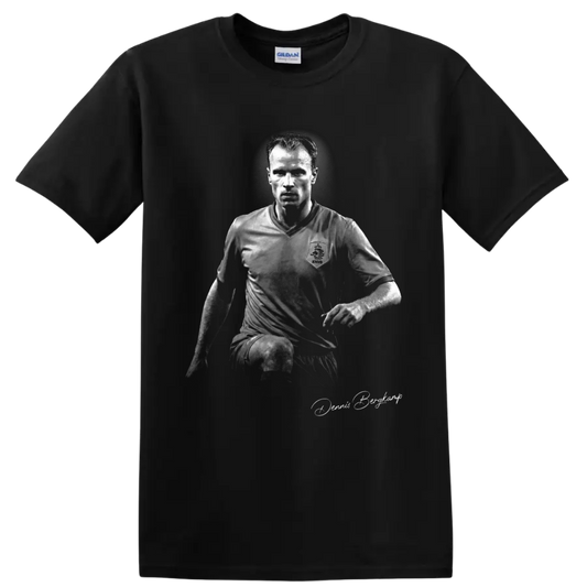 Dennis Bergkamp monochrome Netherlands soccer portrait with signature-style script on a Black T Shirt